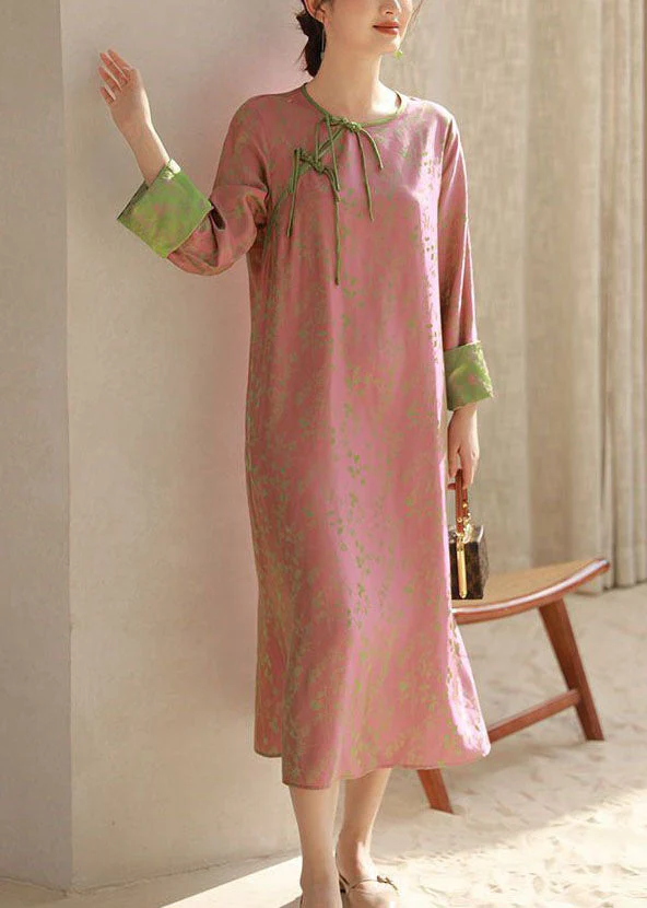 Chinese Style Pink O Neck Tasseled Patchwork Print Silk Dresses Spring - Image 2