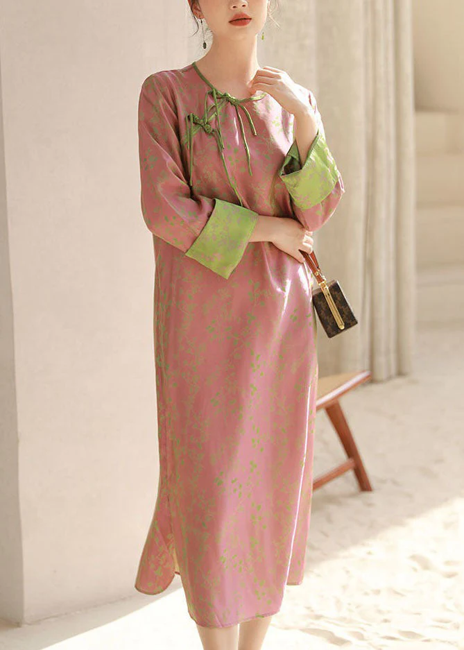 Chinese Style Pink O Neck Tasseled Patchwork Print Silk Dresses Spring - Image 3