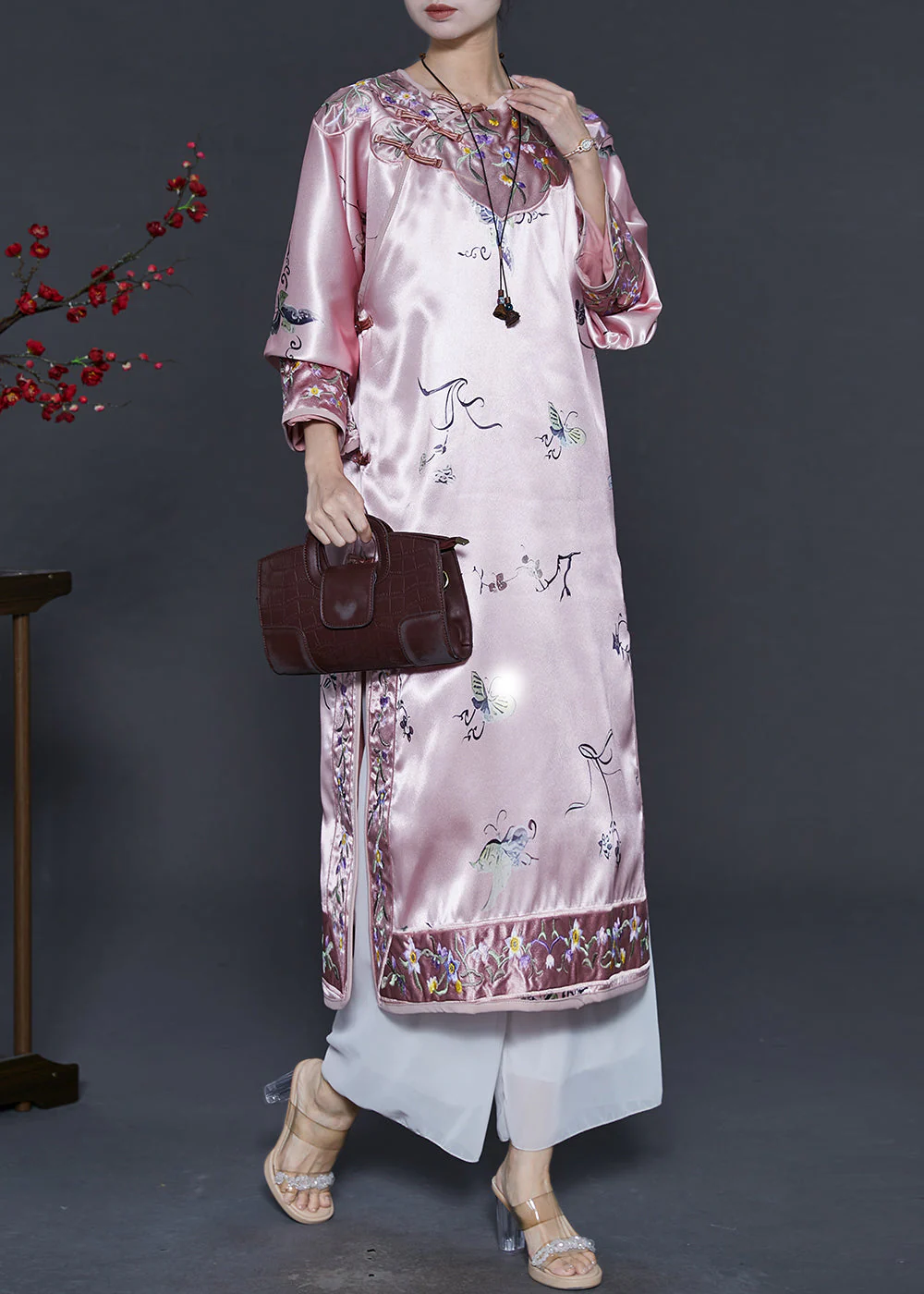 Chinese Style Pink Print Side Open Silk Cheongsam Dress Spring - Image 2