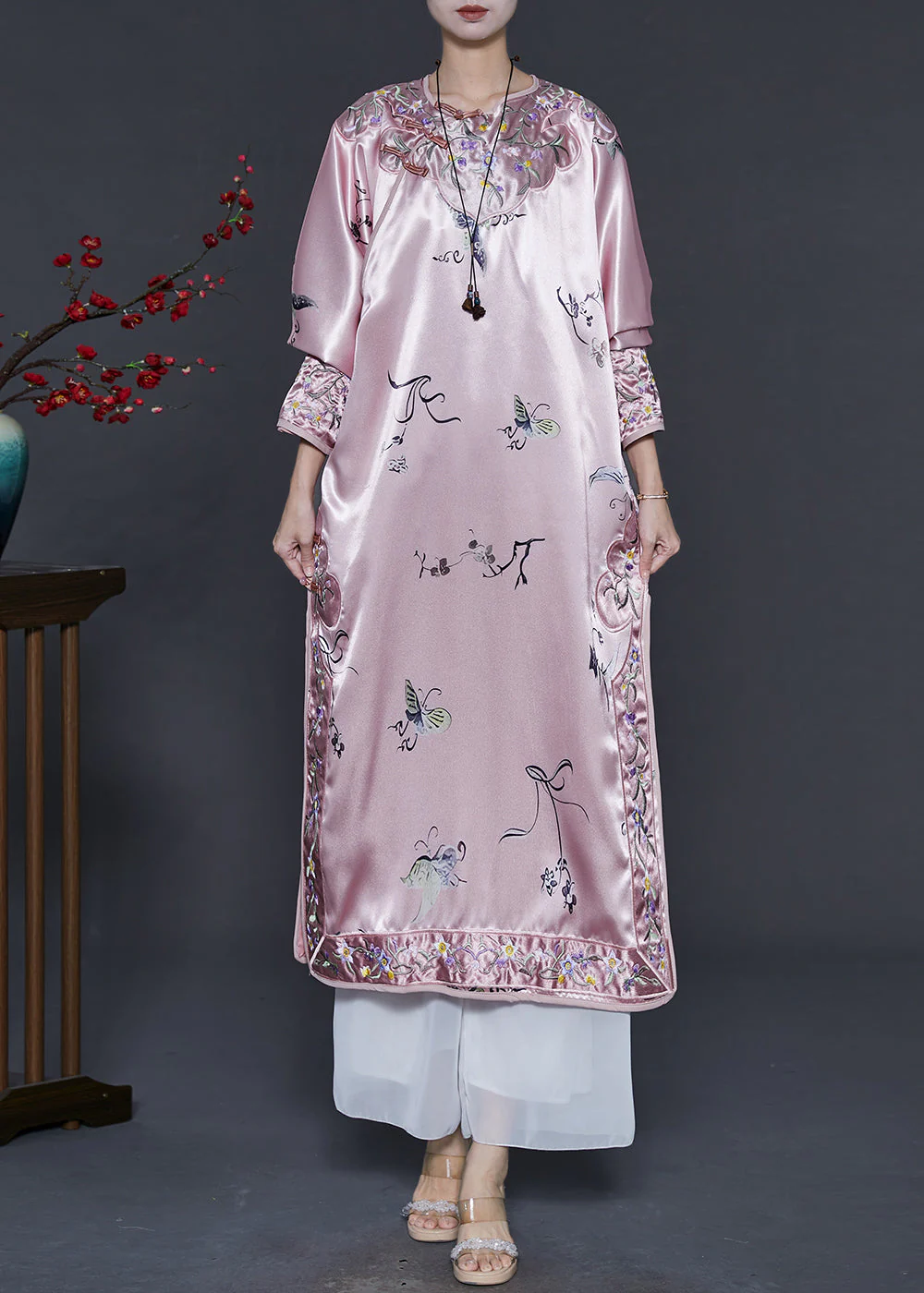 Chinese Style Pink Print Side Open Silk Cheongsam Dress Spring - Image 3