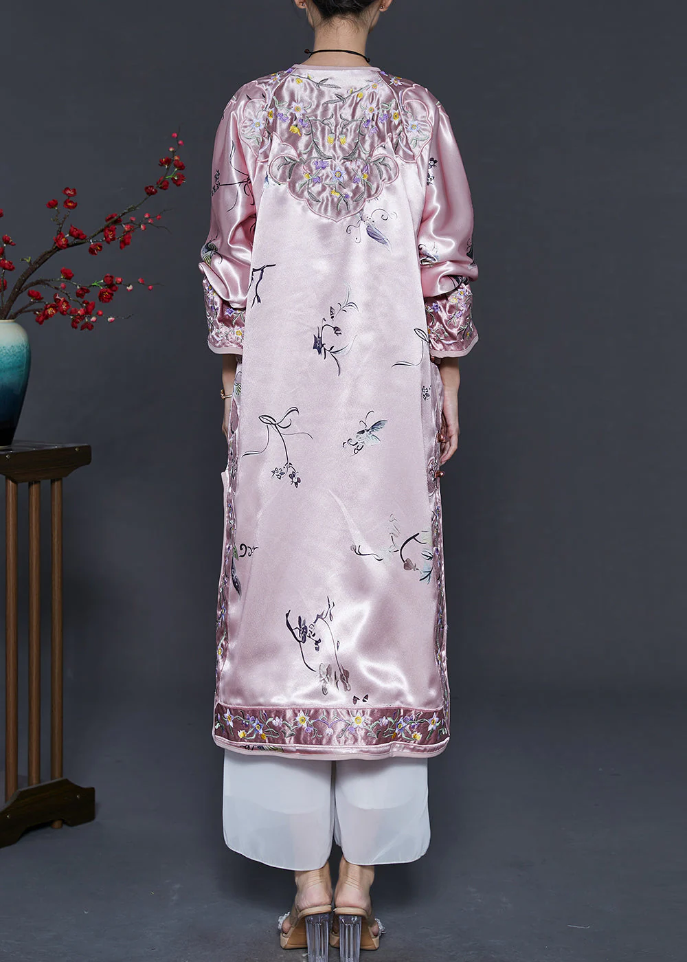 Chinese Style Pink Print Side Open Silk Cheongsam Dress Spring - Image 4