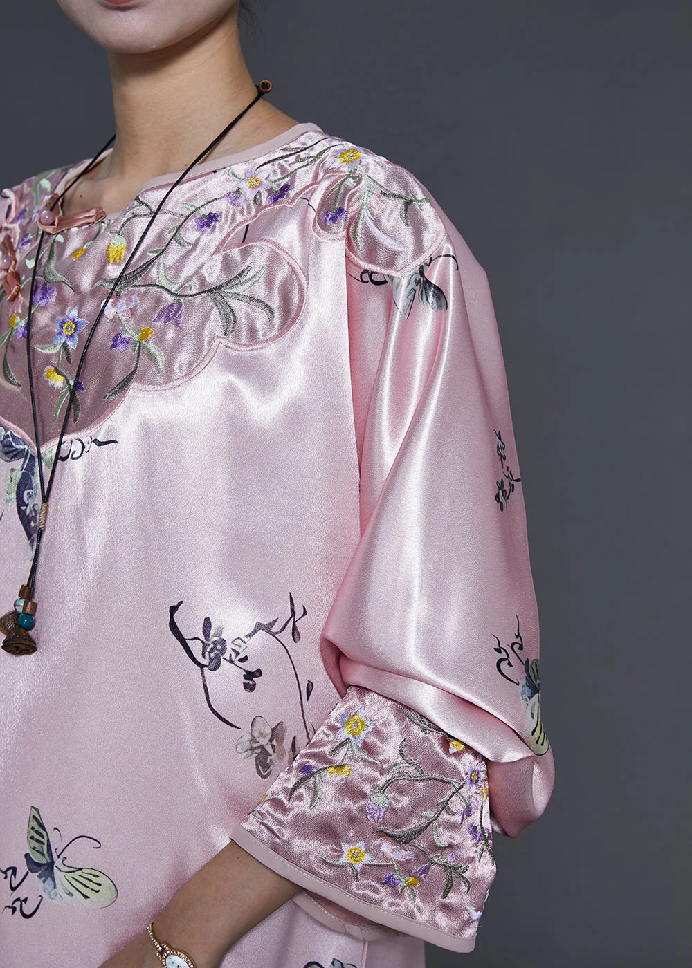 Chinese Style Pink Print Side Open Silk Cheongsam Dress Spring - Image 5