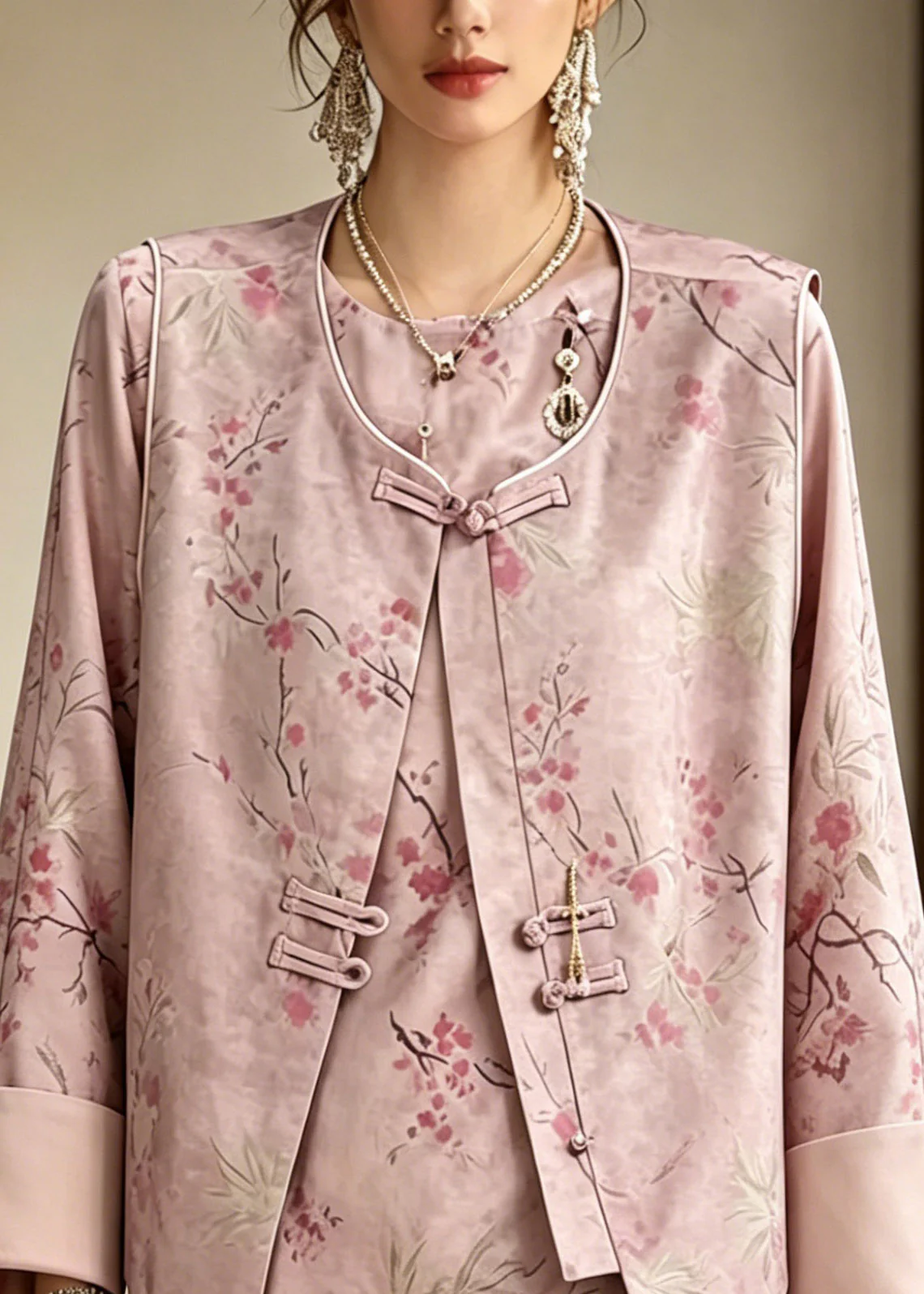 Chinese Style Pink Print Waistcoat And Shirt Two Pieces Set Long Sleeve - Image 2