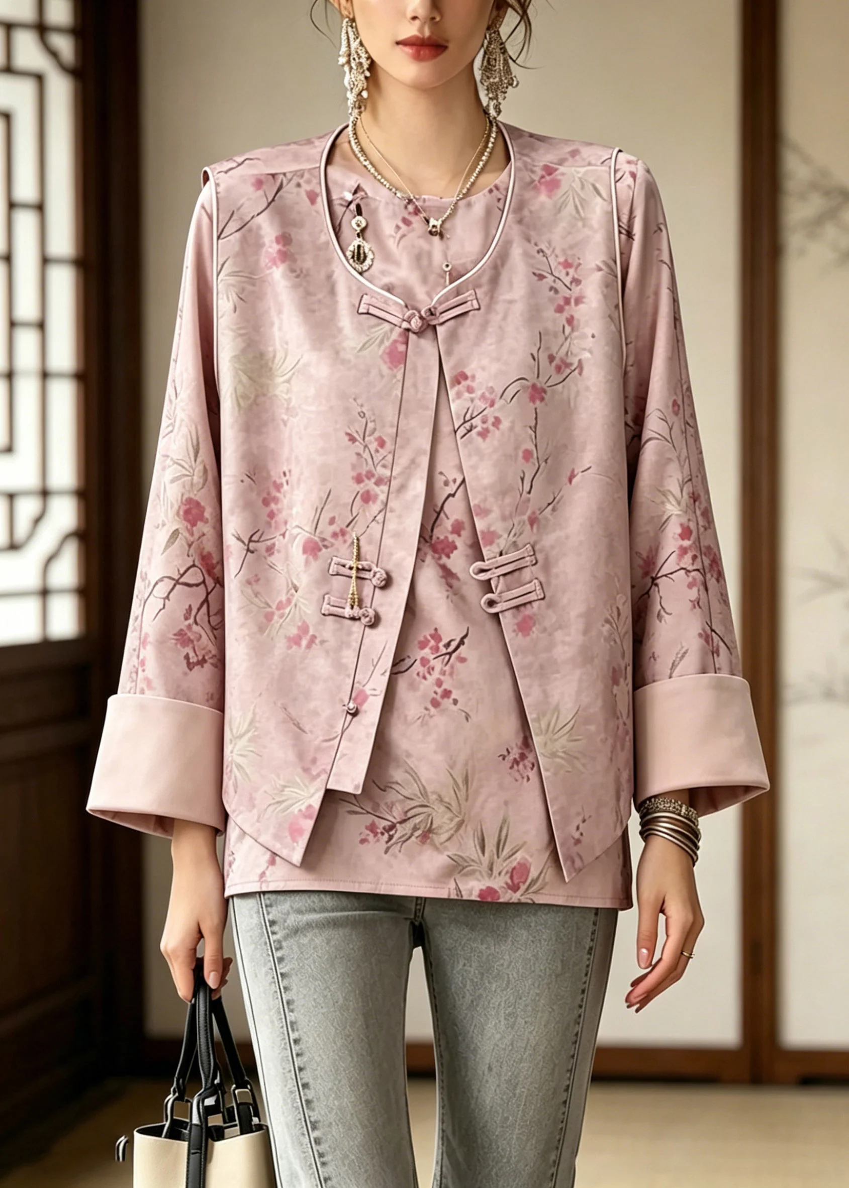 Chinese Style Pink Print Waistcoat And Shirt Two Pieces Set Long Sleeve - Image 3