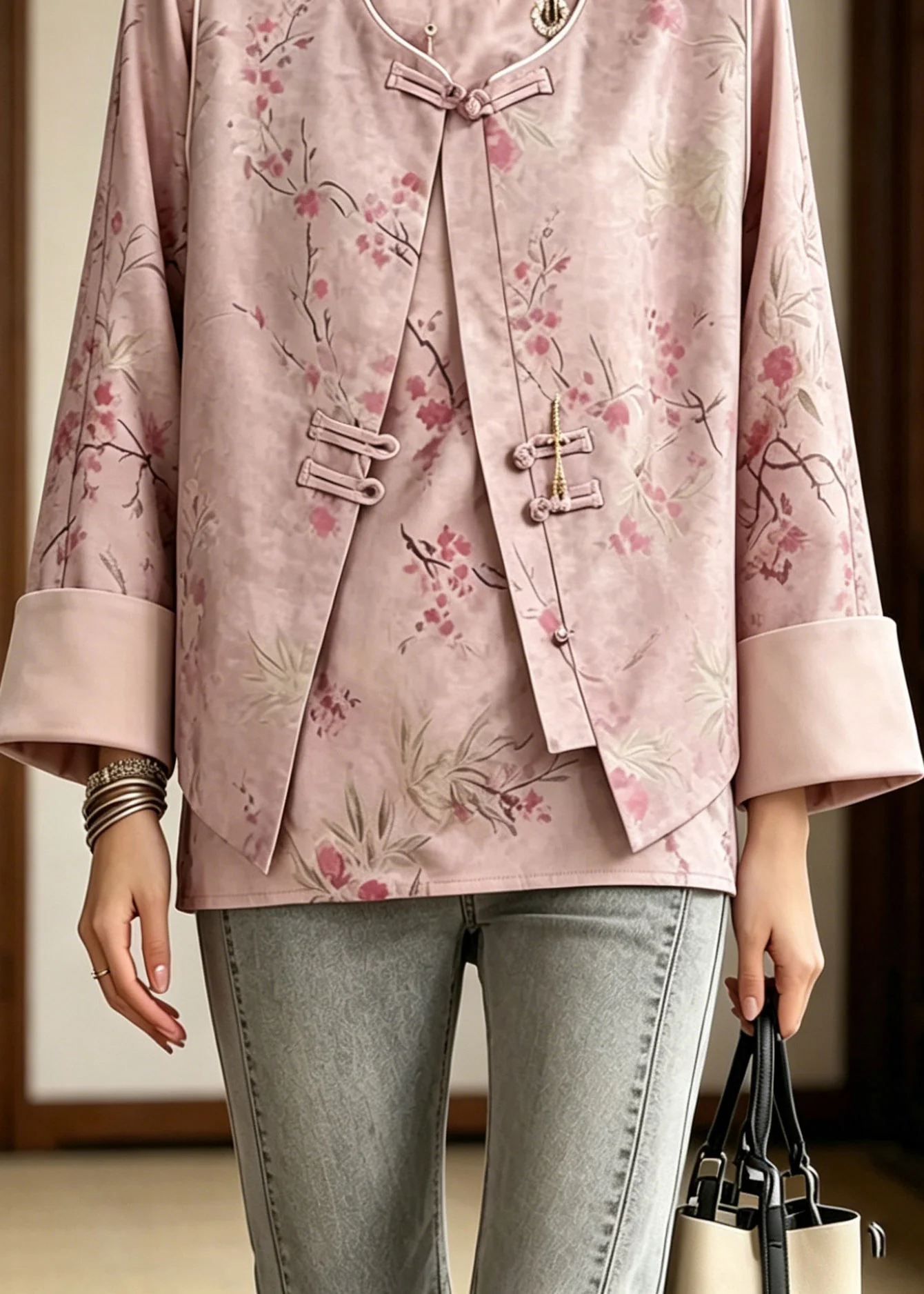 Chinese Style Pink Print Waistcoat And Shirt Two Pieces Set Long Sleeve - Image 4