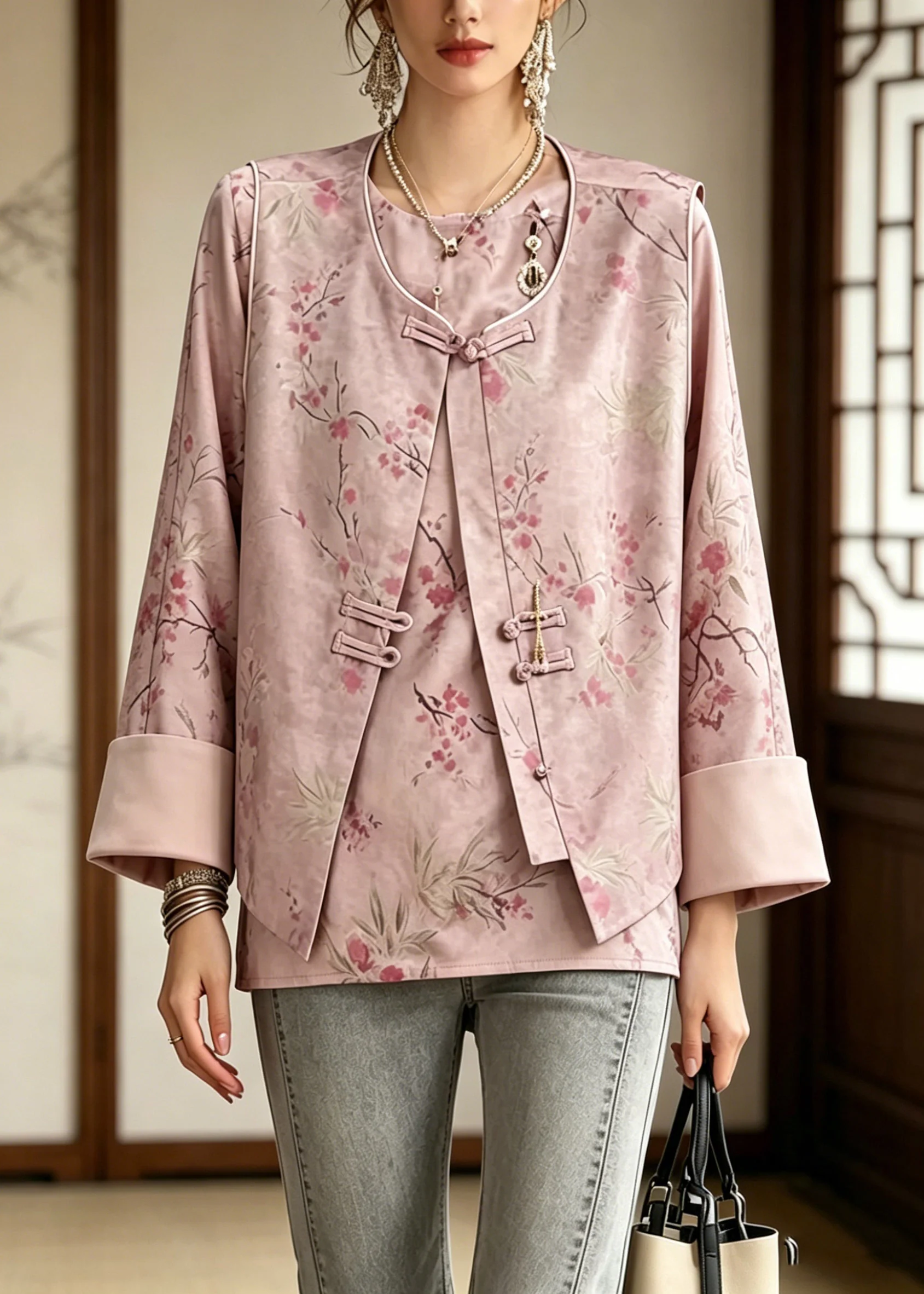 Chinese Style Pink Print Waistcoat And Shirt Two Pieces Set Long Sleeve - Image 5