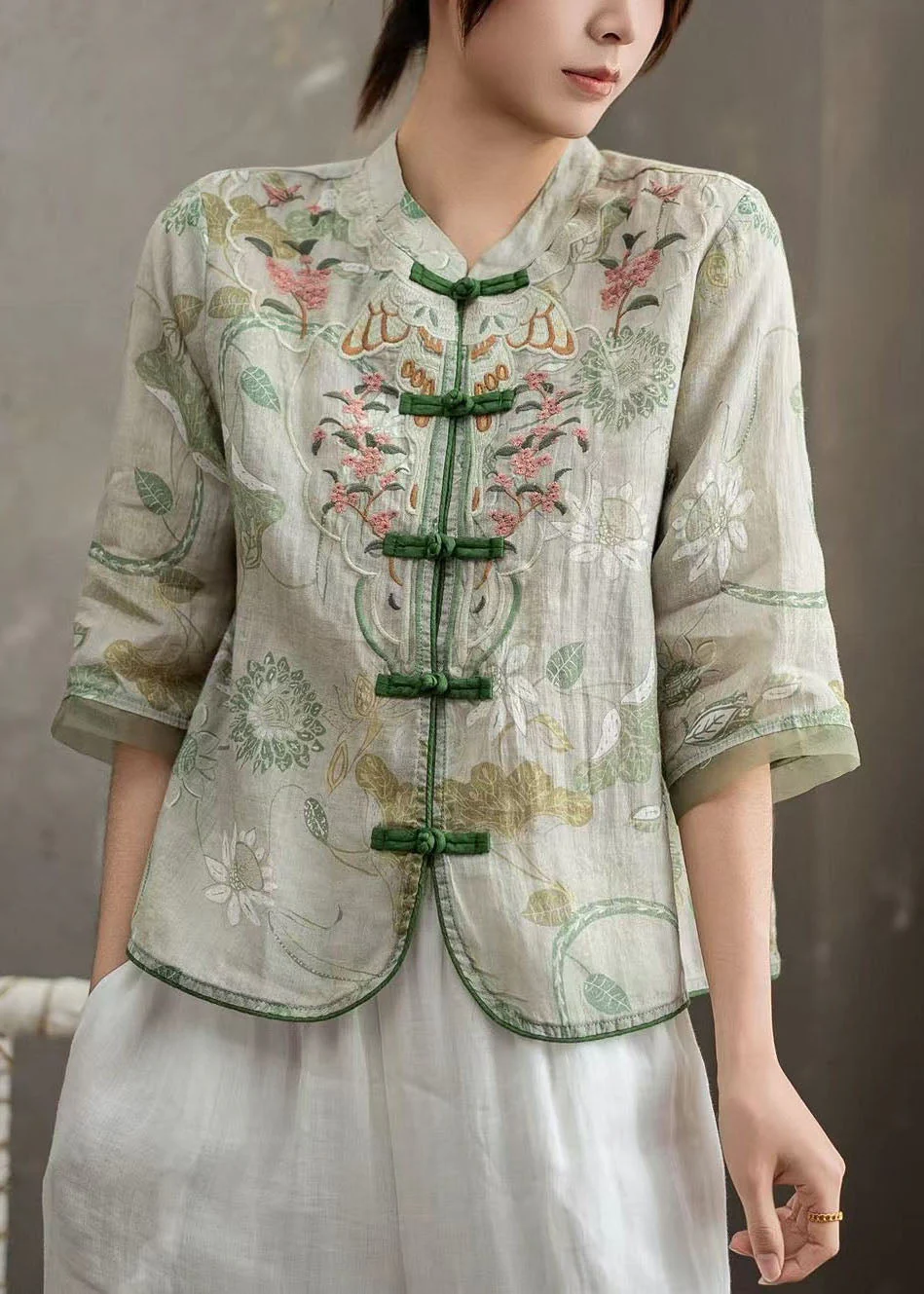 Chinese Style Pink Stand Collar Embroidered Linen Shirts Bracelet Sleeve - Image 2