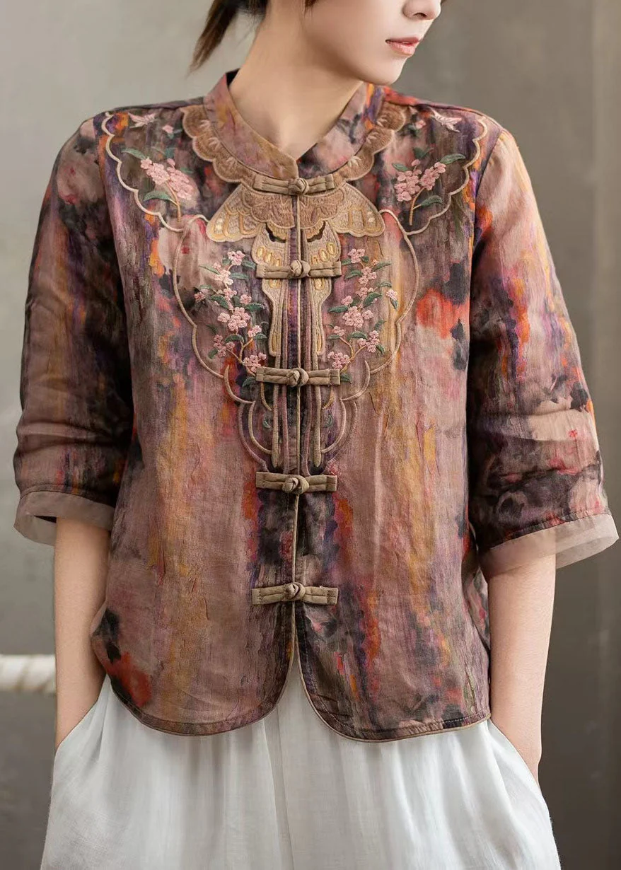 Chinese Style Pink Stand Collar Embroidered Linen Shirts Bracelet Sleeve - Image 3