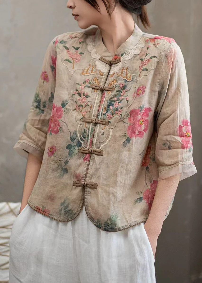 Chinese Style Pink Stand Collar Embroidered Linen Shirts Bracelet Sleeve - Image 4