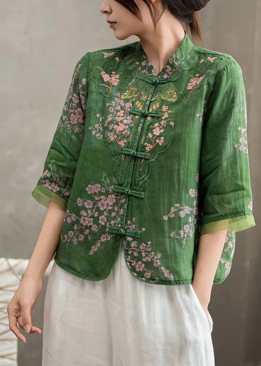Chinese Style Pink Stand Collar Embroidered Linen Shirts Bracelet Sleeve - Image 5