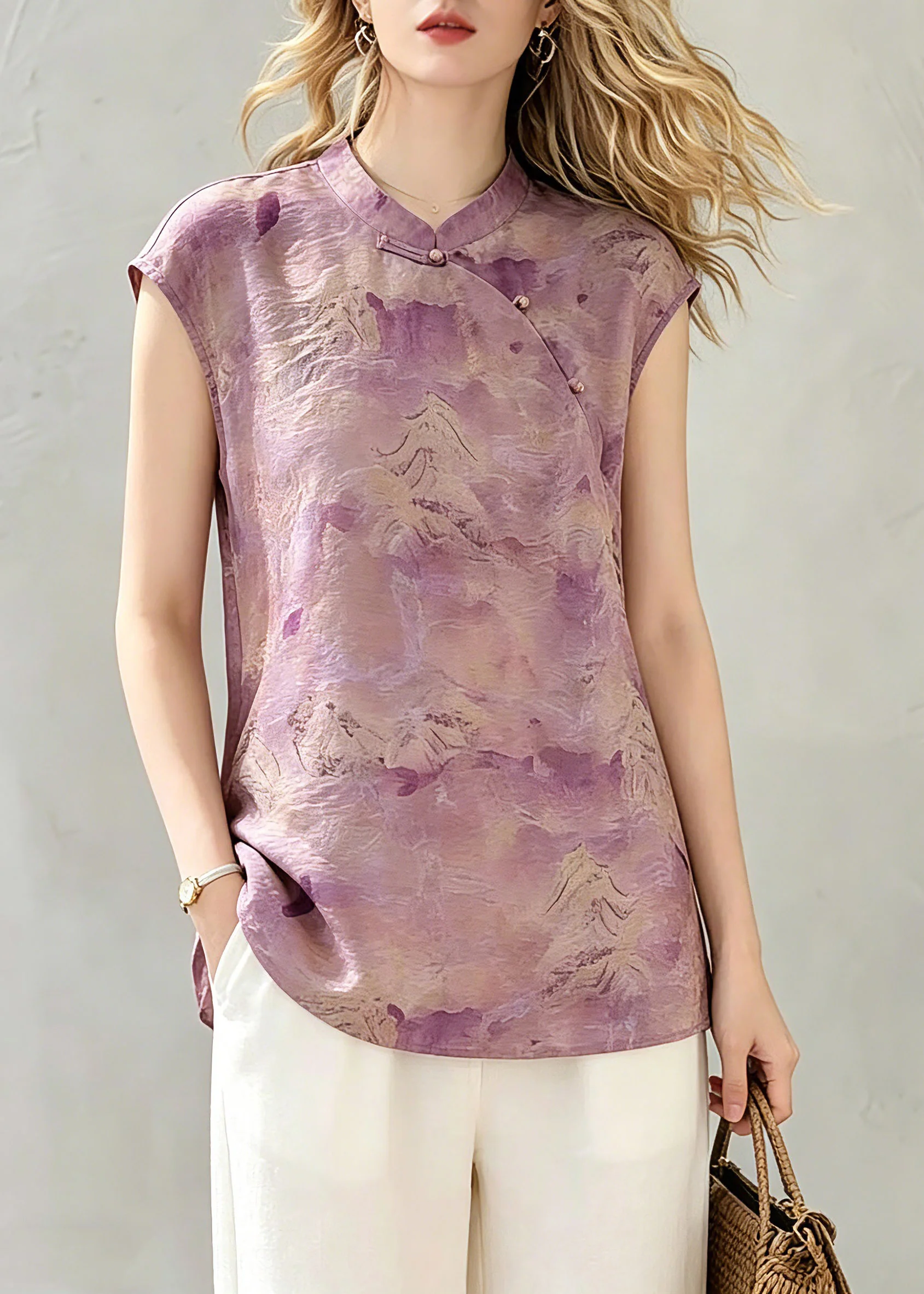 Chinese Style Pink Stand Collar Tops Summer - Image 3