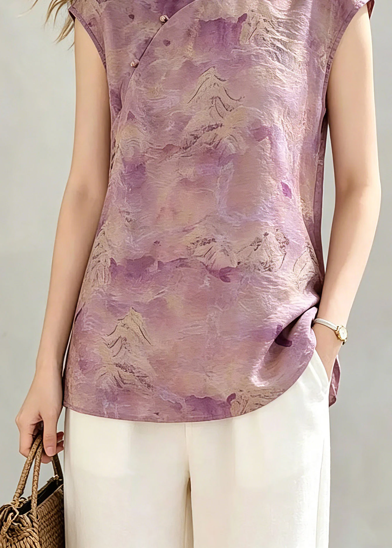 Chinese Style Pink Stand Collar Tops Summer - Image 4