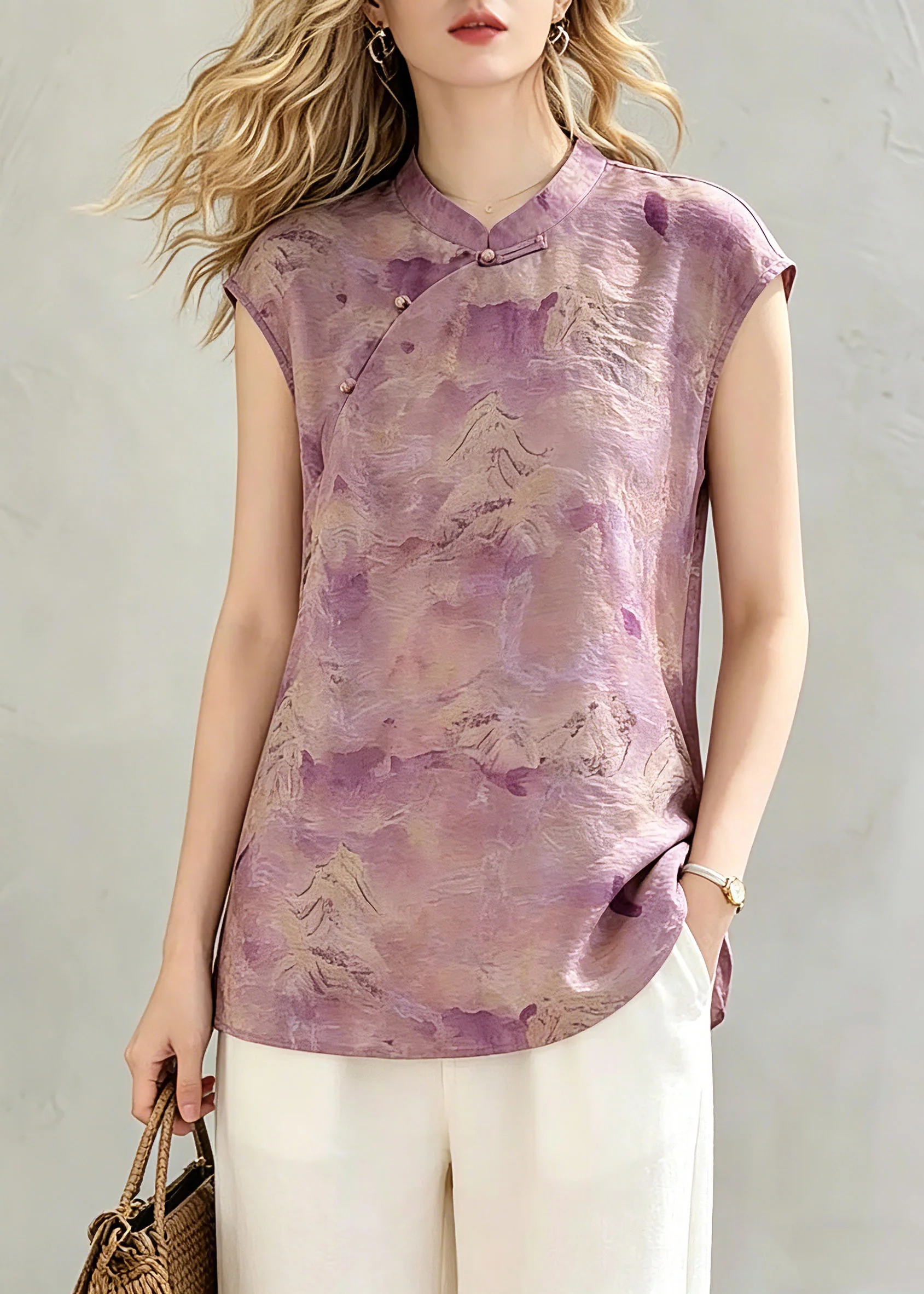 Chinese Style Pink Stand Collar Tops Summer - Image 5
