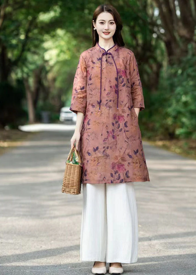 Chinese Style Pink Tasseled Print Patchwork Linen Dress Bracelet Sleeve - Image 2