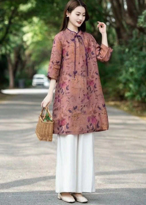 Chinese Style Pink Tasseled Print Patchwork Linen Dress Bracelet Sleeve - Image 3