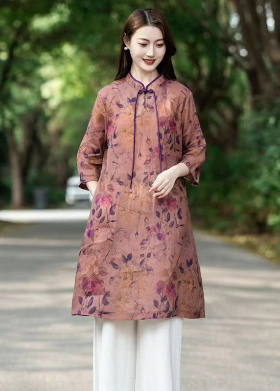 Chinese Style Pink Tasseled Print Patchwork Linen Dress Bracelet Sleeve - Image 4