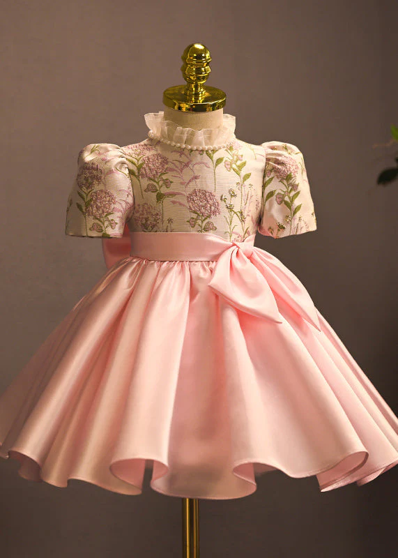 Chinese Style Pink Turtleneck Patchwork Girls Vacation Long Dresses Short Sleeve - Image 2