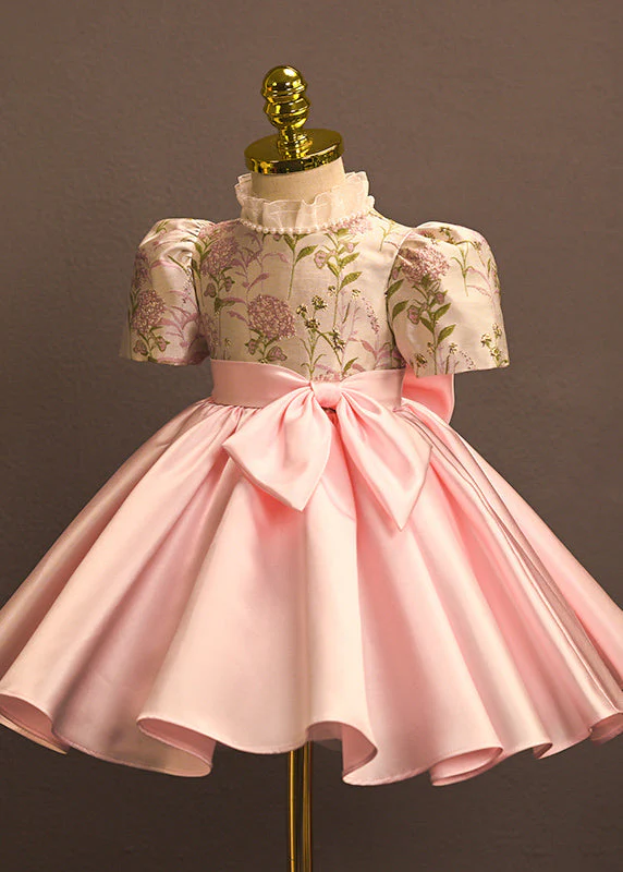 Chinese Style Pink Turtleneck Patchwork Girls Vacation Long Dresses Short Sleeve - Image 4