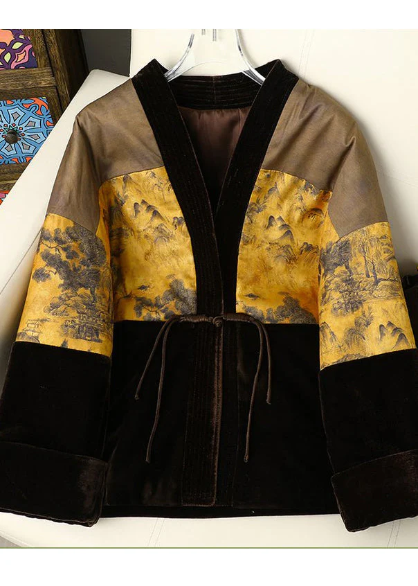 Chinese Style Print Patchwork Fine Cotton Filled Silk Velvet Jacket Winter - Image 4