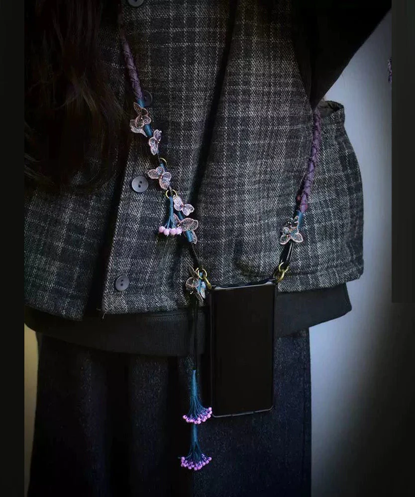Chinese Style Purple Alloy Weave Butterfly Tassel Phone Chains