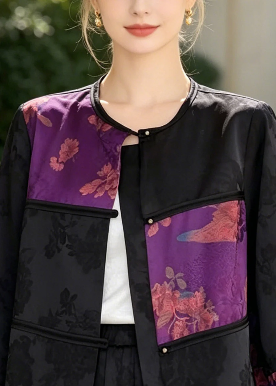 Chinese Style Purple Jacquard Patchwork Silk Coats Bracelet Sleeve - Image 2