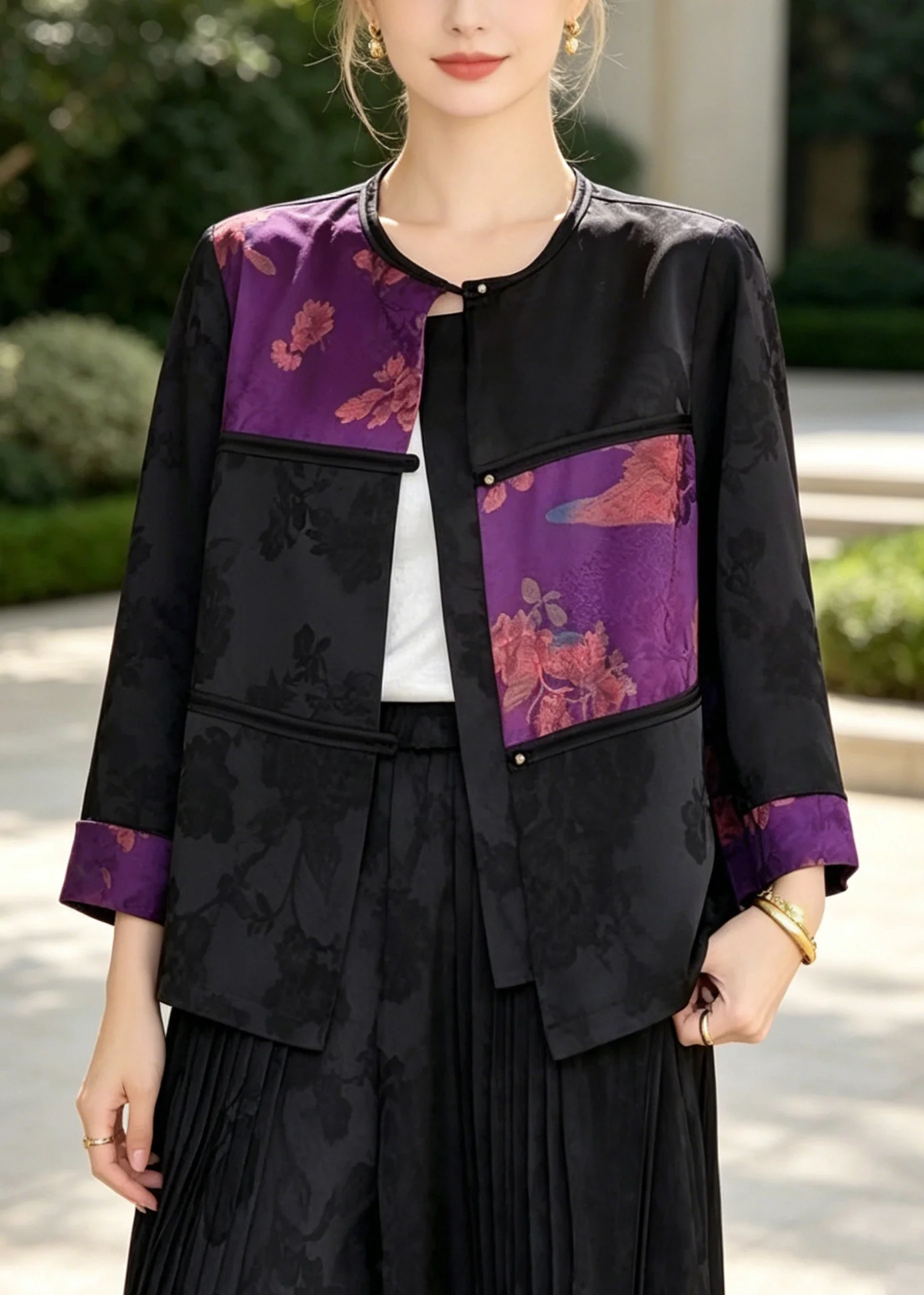 Chinese Style Purple Jacquard Patchwork Silk Coats Bracelet Sleeve - Image 5