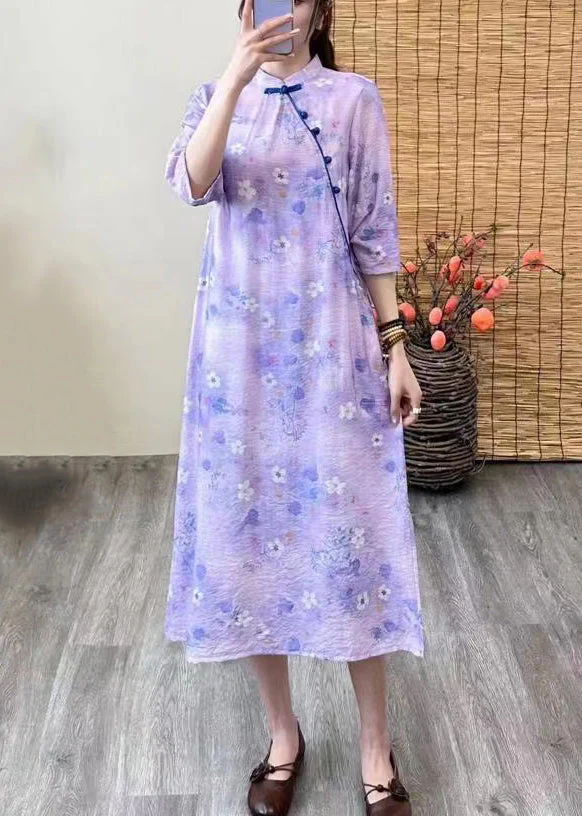Chinese Style Purple Print Button Patchwork Linen Dresses Summer - Image 3