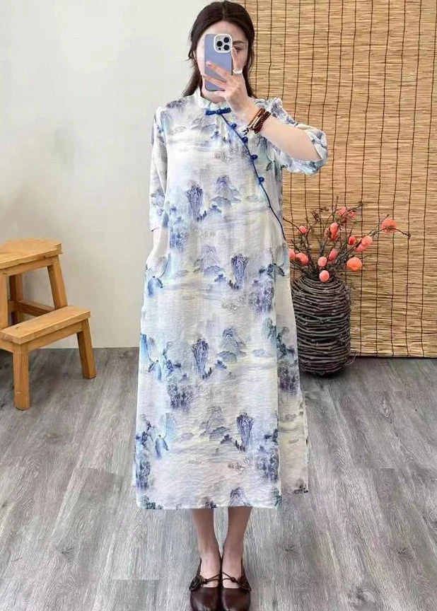 Chinese Style Purple Print Button Patchwork Linen Dresses Summer - Image 4