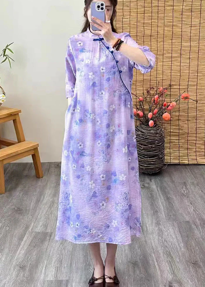 Chinese Style Purple Print Button Patchwork Linen Dresses Summer - Image 5