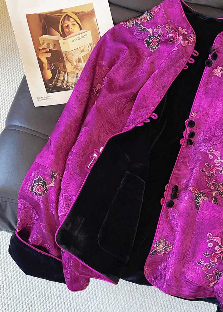 Chinese Style Purple Print Wear On Both Sides Silk Velvet Coat Fall - Image 5