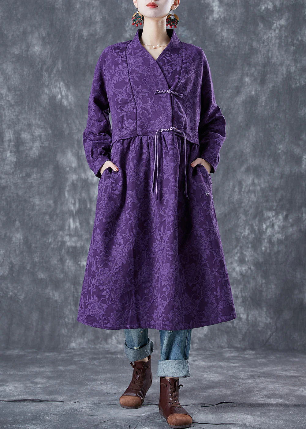 Chinese Style Purple Stand Collar Jacquard Linen Maxi Dresses Spring - Image 3