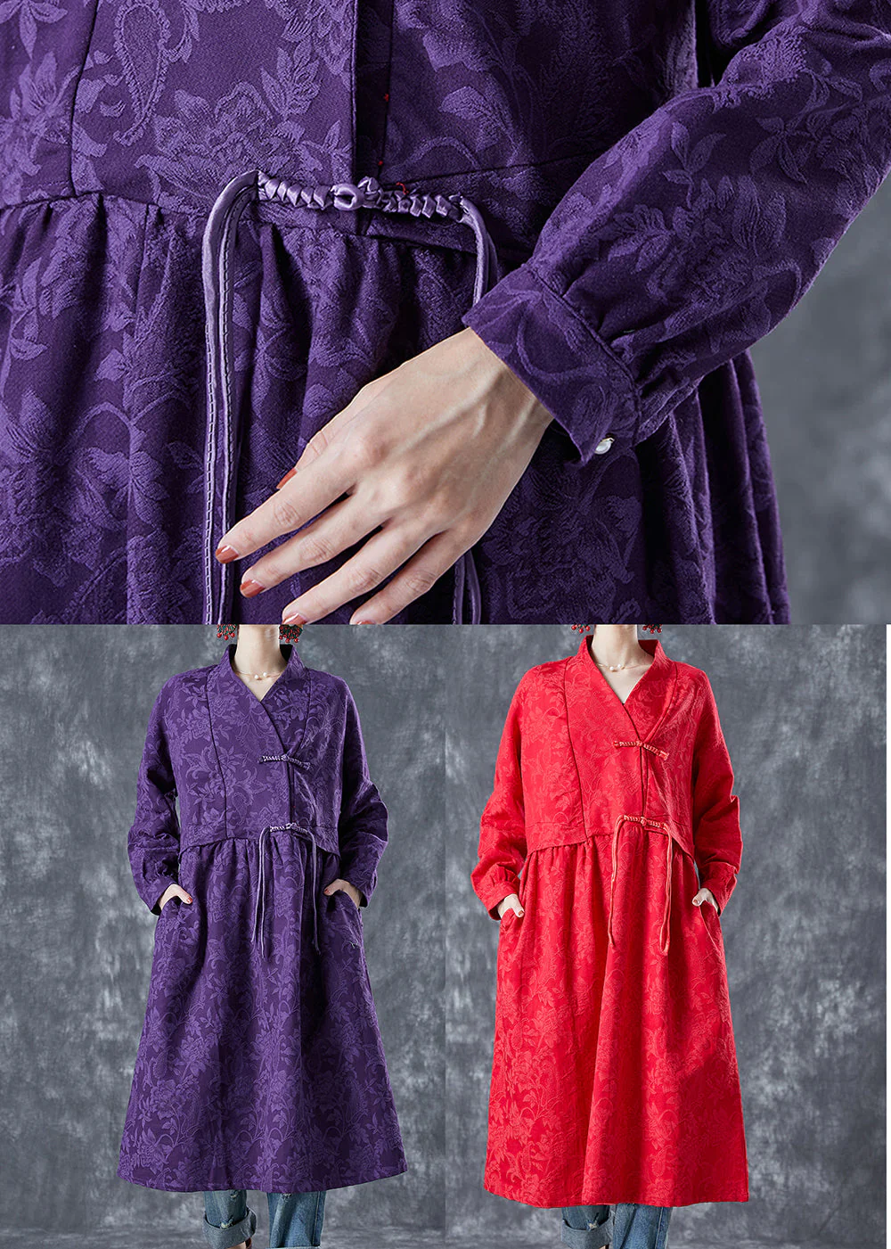 Chinese Style Purple Stand Collar Jacquard Linen Maxi Dresses Spring - Image 5
