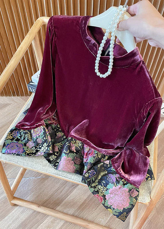 Chinese Style Purple Stand Collar Patchwork Velour Shirt Top Spring - Image 2
