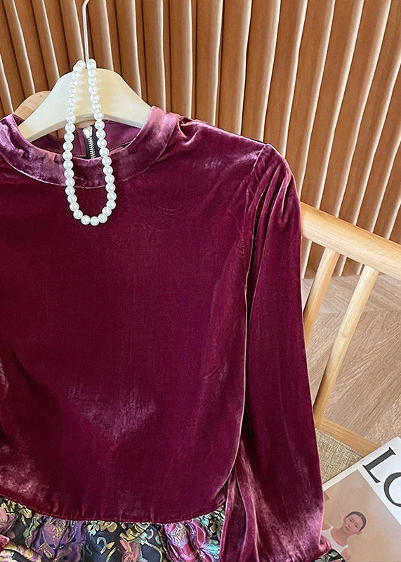 Chinese Style Purple Stand Collar Patchwork Velour Shirt Top Spring - Image 3