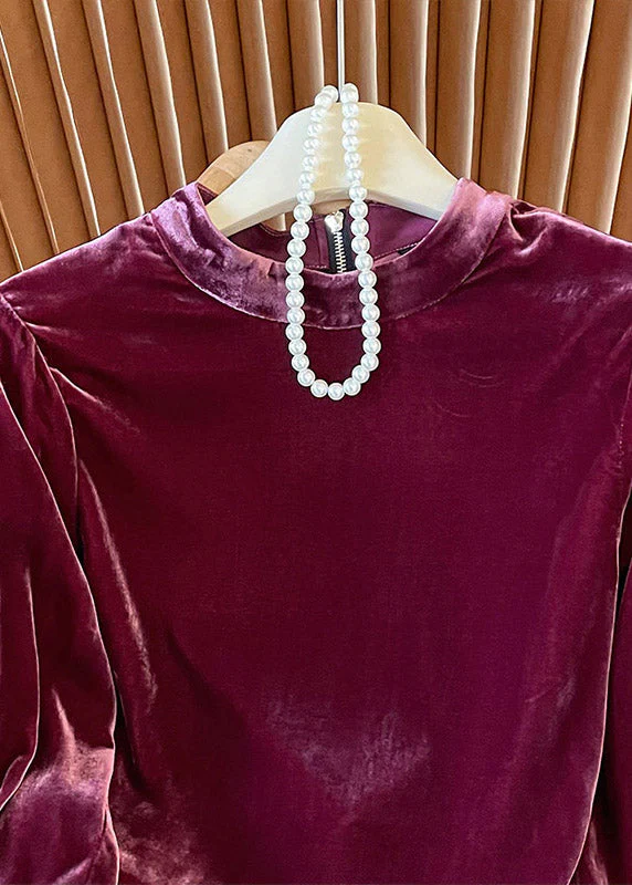 Chinese Style Purple Stand Collar Patchwork Velour Shirt Top Spring - Image 5