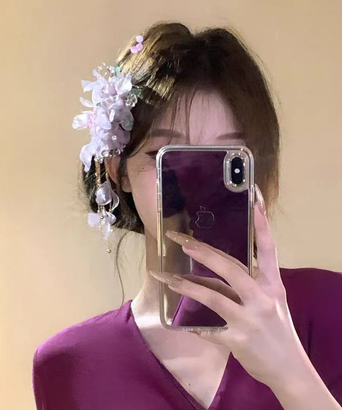 Chinese Style Purple Sterling Silver Overgild Floral Tassel Hairpin - Image 2
