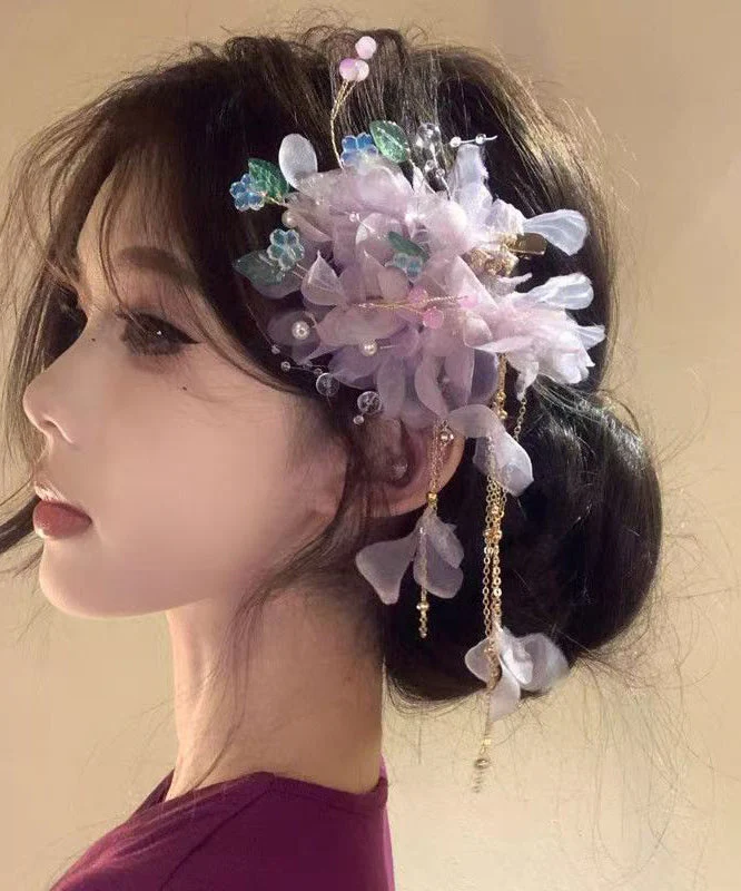 Chinese Style Purple Sterling Silver Overgild Floral Tassel Hairpin - Image 4