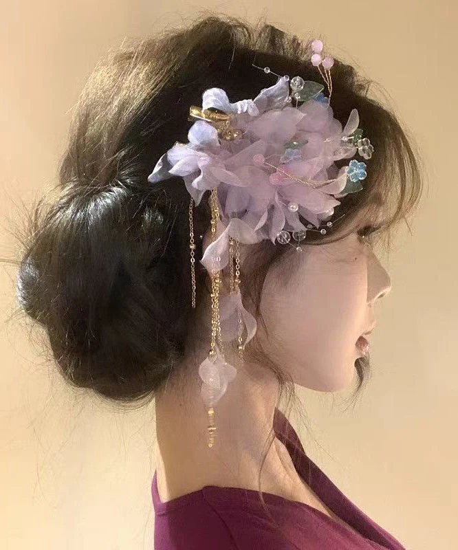 Chinese Style Purple Sterling Silver Overgild Floral Tassel Hairpin - Image 5
