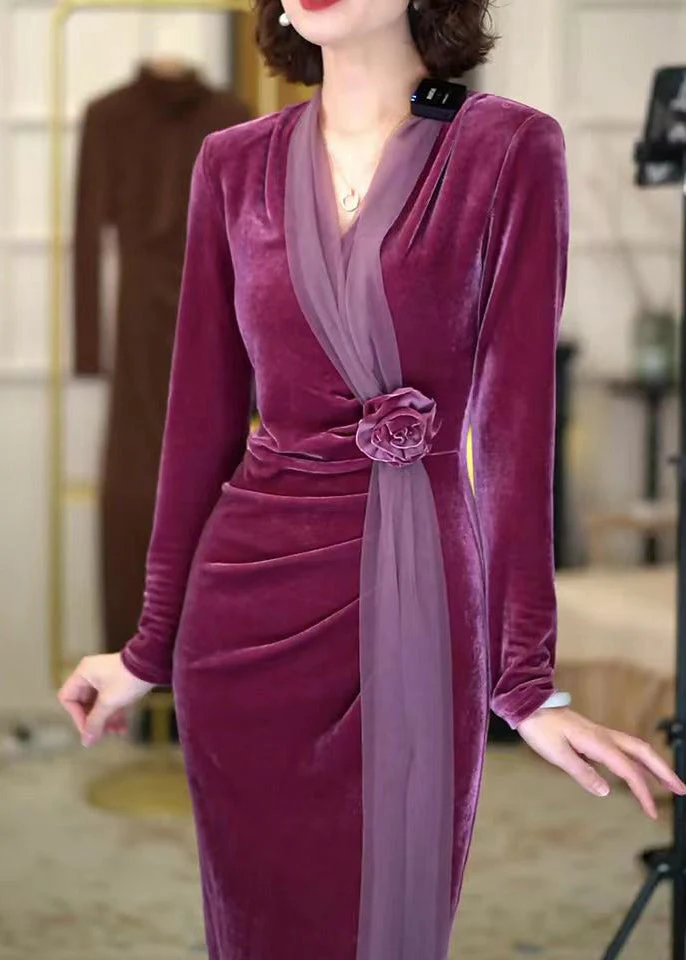 Chinese Style Purple V Neck Wrinkled Rose Silk Velvet Long Dress Winter - Image 2