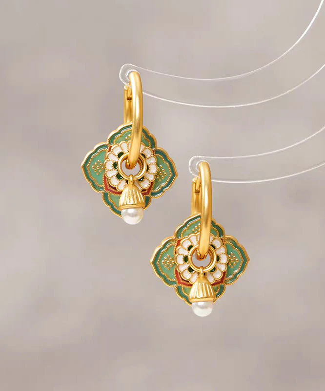 Chinese Style Rainbow Copper Overgild Dripping Glaze Floral Hoop Earrings - Image 5