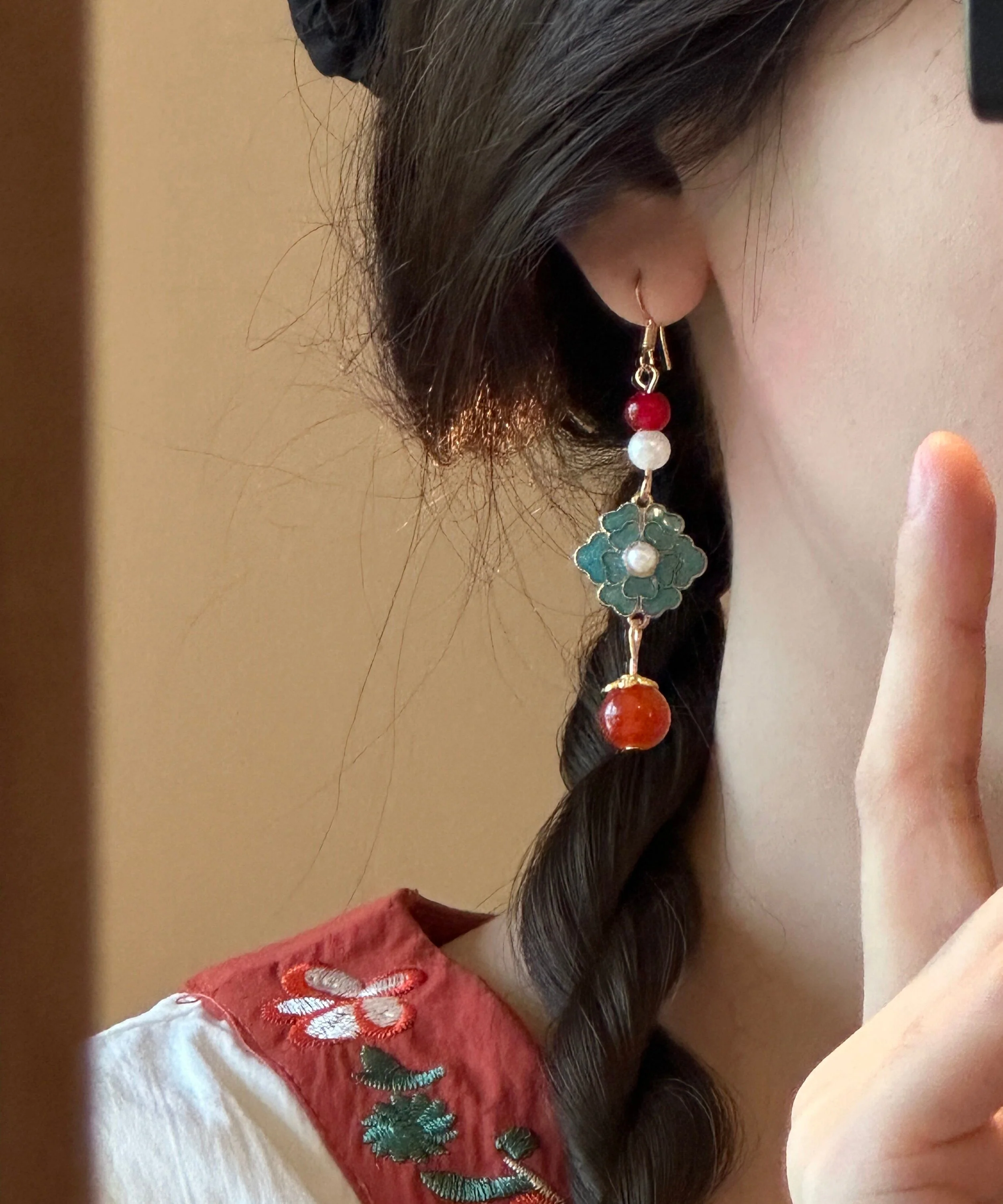 Chinese Style Rainbow Sterling Silver Overgild Enamel Pearl Drop Earrings - Image 3