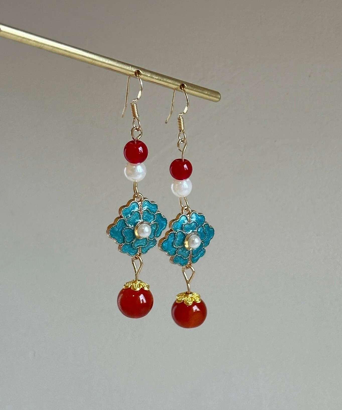 Chinese Style Rainbow Sterling Silver Overgild Enamel Pearl Drop Earrings - Image 4
