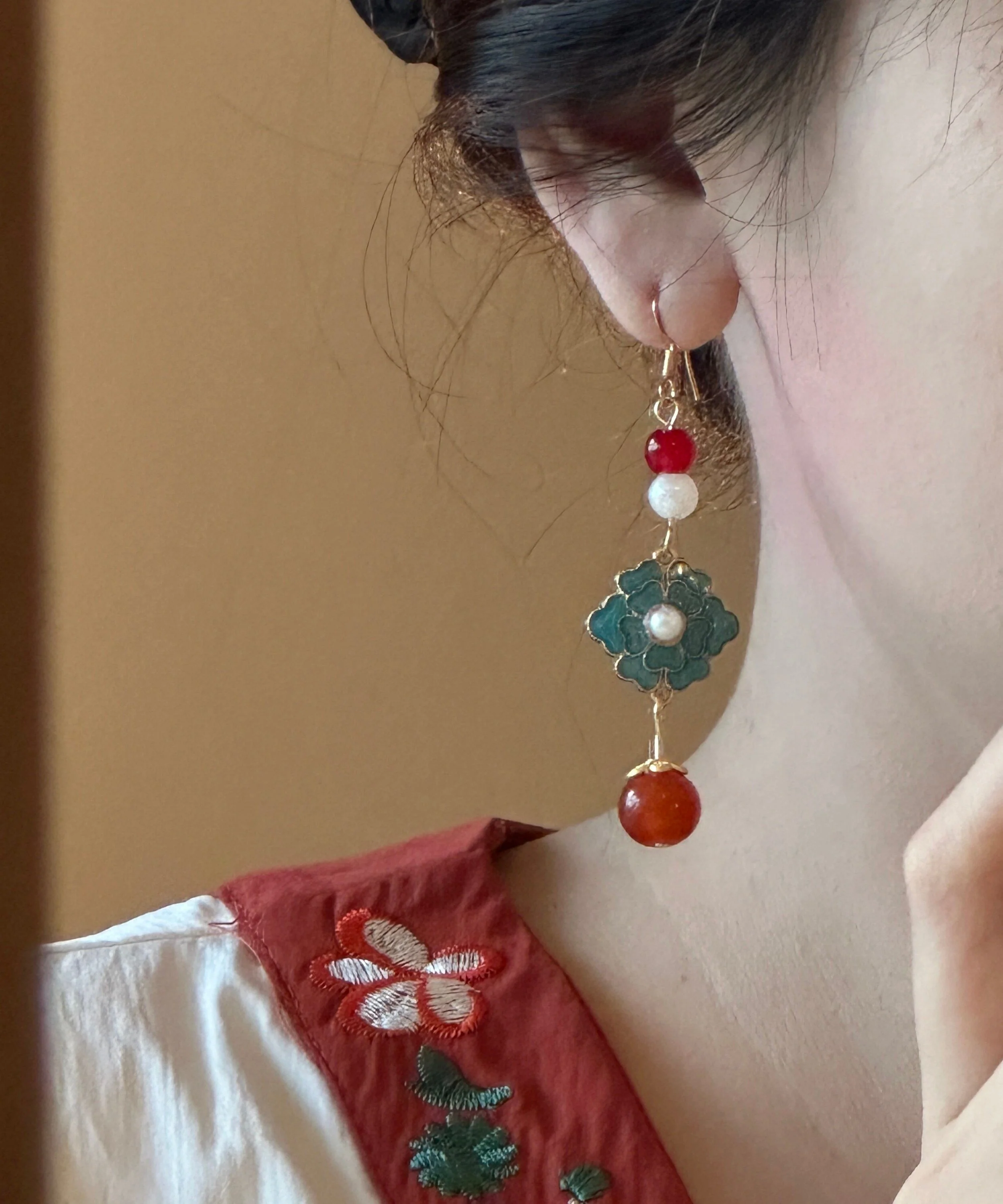 Chinese Style Rainbow Sterling Silver Overgild Enamel Pearl Drop Earrings - Image 5