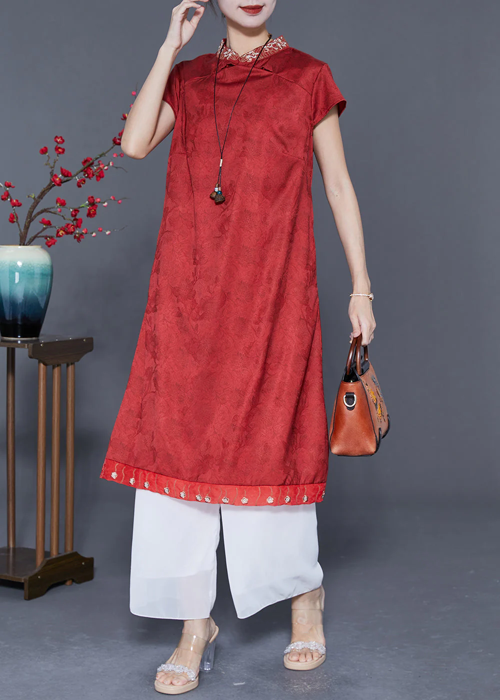 Chinese Style Red Embroideried Patchwork Silk Long Dress Summer - Image 2