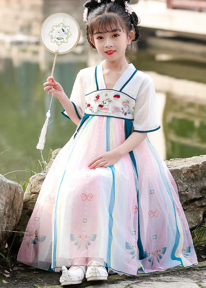 Chinese Style Red Embroideried Wrinkled Patchwork Chiffon Kids Girls Dresses Summer - Image 2