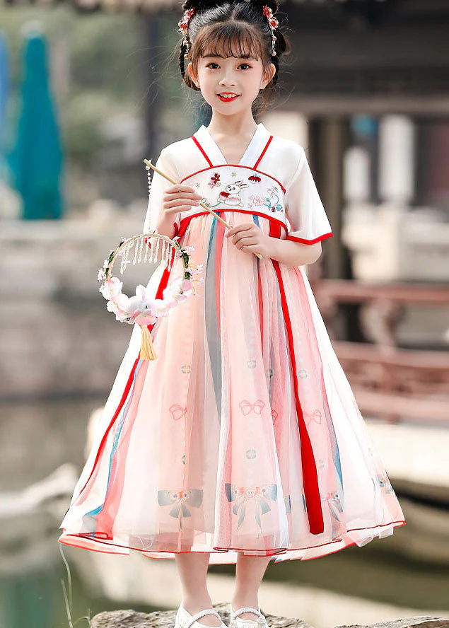 Chinese Style Red Embroideried Wrinkled Patchwork Chiffon Kids Girls Dresses Summer - Image 3