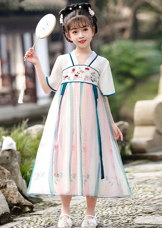 Chinese Style Red Embroideried Wrinkled Patchwork Chiffon Kids Girls Dresses Summer - Image 4