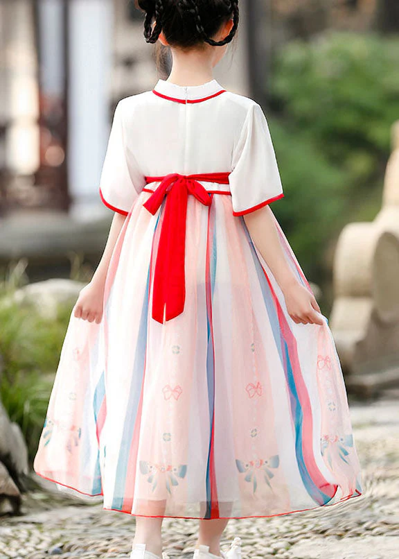 Chinese Style Red Embroideried Wrinkled Patchwork Chiffon Kids Girls Dresses Summer - Image 5