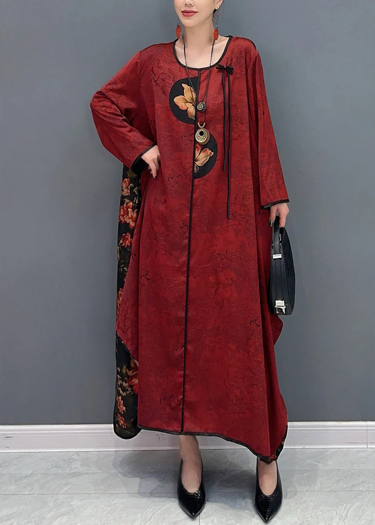 Chinese Style Red O-Neck Patchwork Holiday Silk Long Dress Long Sleeve - Image 3