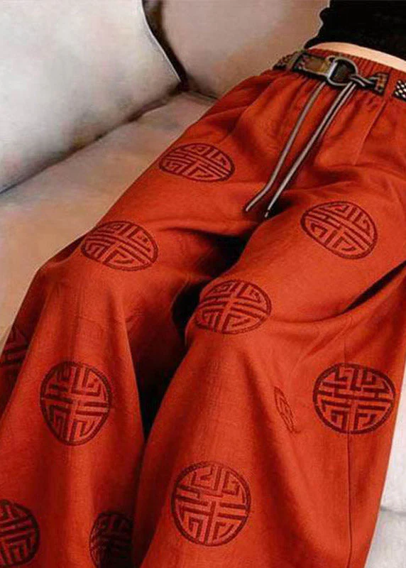 Chinese Style Red Print Wide Leg Pants - Image 2